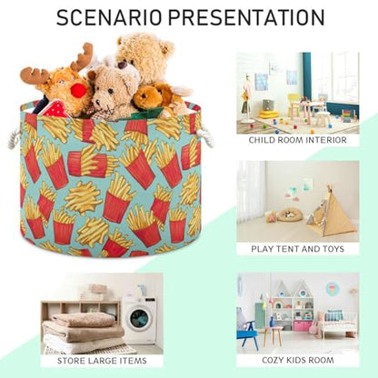 French Fries Pattern Toys Storage Bin with Cotton Rope Large Capacity Clothes Storage Baskets Laundry Hamper Holiday Ornament Box Organizer for Bedroom Bathroom Nursery