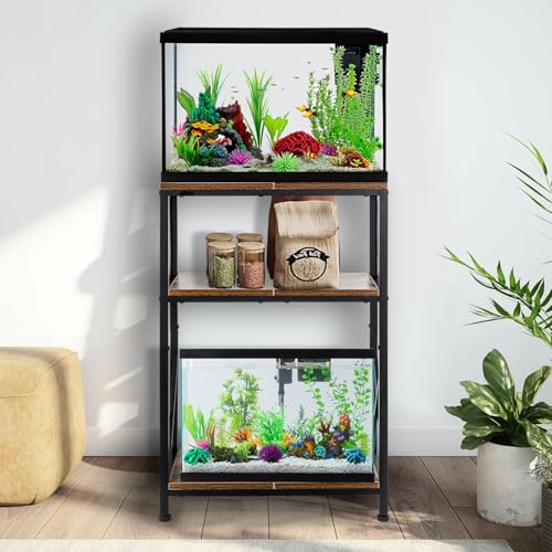 SwaaVee Fish Tank Stand, 10 Gallon Aquarium Stand, 3-Tier Metal Storage Shelf, 20.47"×11.42"×31.69" Heavy Duty Terrarium Stand for Home Office Fish Tank Shelf, Rustic Brown - color: Rustic Brown
