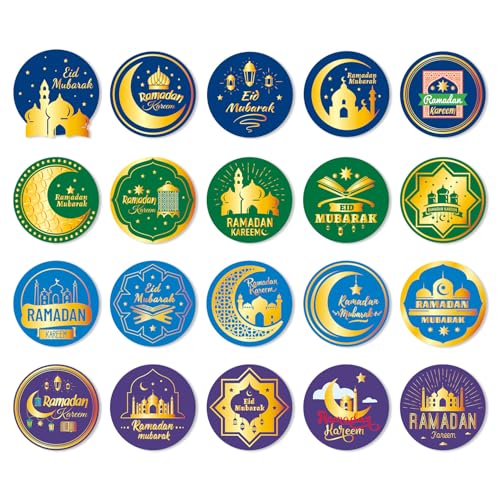 160pcs Eid Mubarak Stickers, 20 Styles Round Self-Adhesive Eid Ramadan Islamic Stickers Muslim Label Supply Ramadan Crafts Gifts for Kids Gifts Bags Envelopes Party Decoration