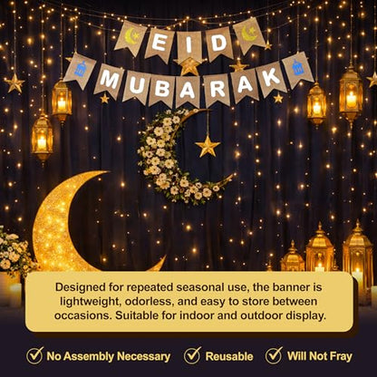 Mandala Crafts Burlap Eid Mubarak Banner Ramadan Islamic Muslim Sign - color: EID