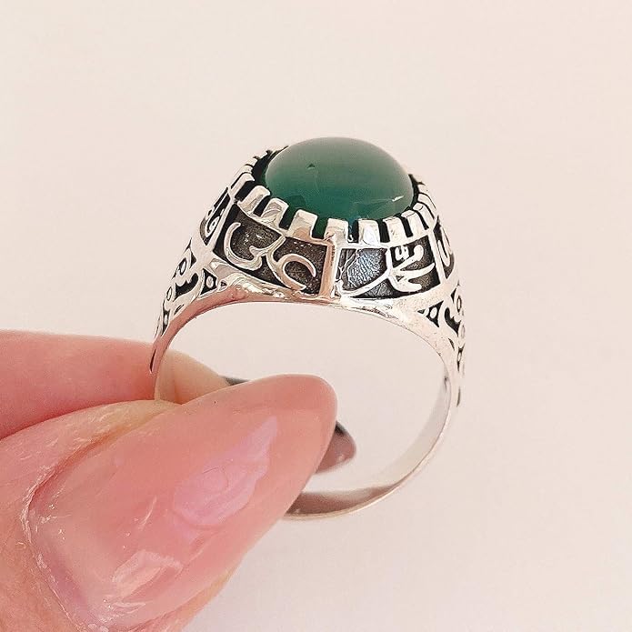 Islamic Sterling Silver Ring with Black Yemeni Aqeeq Stone, 925 Silver Religious Engraved Design, Ahlulbayt Muslim Prayer Jewelry for Men and Women,islamic ring,islamic men wowan ring - color: Green Yemeni Agate