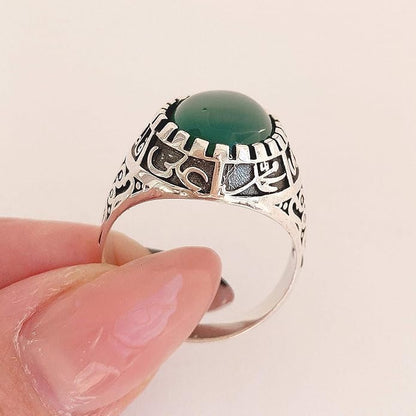 Islamic Sterling Silver Ring with Black Yemeni Aqeeq Stone, 925 Silver Religious Engraved Design, Ahlulbayt Muslim Prayer Jewelry for Men and Women,islamic ring,islamic men wowan ring - color: Green Yemeni Agate