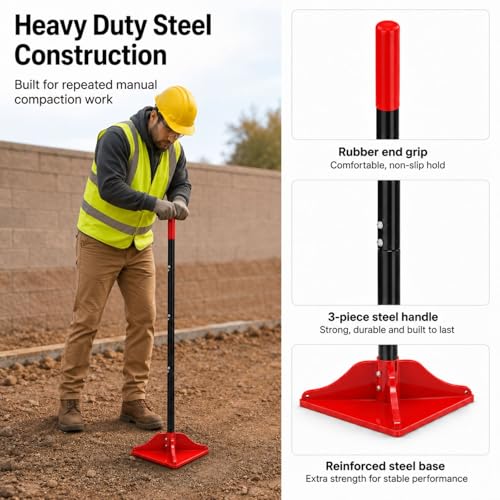 8" x 8" Steel Tamper Tool with 48" Handle, Heavy Duty Hand Compactor for Soil, Gravel, Dirt, Asphalt, Pavers, Driveway Repair, Lawn & Landscaping