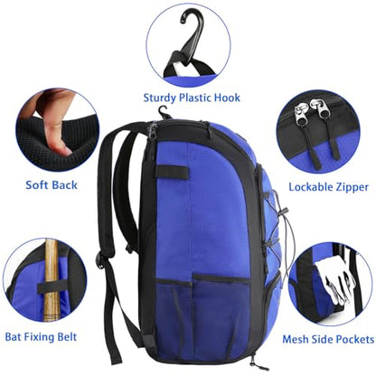 MATEIN Baseball Backpack, Softball Bat Bag with Shoes Compartment for Youth, Boys and Adult, Lightweight Baseball Bag with Fence Hook Hold TBall Bat, Batting Mitten, Helmet, Caps, Teeball Gear - color: Blue, size: 29L