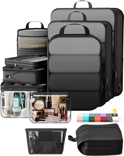 Veken 11 Set Compression Packing Cubes Garment Bags for Travel Essentials,Compressible Expandable Luggage Organizer Bags for Clothing,Space Saver Bags with Over 1000 pcs of Mesh Holes(Black) - color: Black, size: 11 set