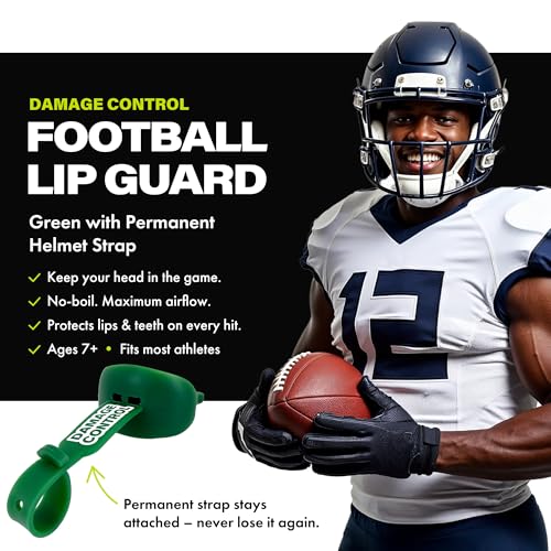 DAMAGE CONTROL Pacifier Football Mouth Guard – Permanent Strap – Green | Youth Football Mouthpiece, No Boiling, Breathable Design, Protects Lips & Teeth, Works with Braces - color: Green