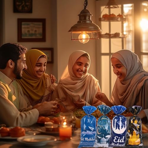 Hying 100 PCS Eid Mubarak Cellophane Bags with Twist Ties for Gift, Muslim Ramadan Cello Bag Eid Mubarak Castle Candy Bags Festival Moon Star Treat Bags for Cookie Candy Goodies Wrapping Supplies - color: Style 2: Eid Bags