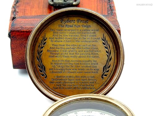 Brass Hand Made Fully Functional Compass with Leather Case & Robert Frost Poem Engraved