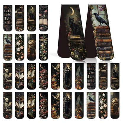 Wxiben Dark Academia Magnetic Bookmark - 30 Pcs Gothic Flower Book Mark Magnets Retro Aesthetic Bookmarks Magnetic Skull Plants Dragonfly Book Markers Page Clip for Women Students Teacher Reading Gift - style: Dark Academia
