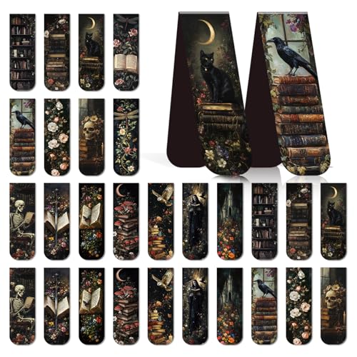 Wxiben Dark Academia Magnetic Bookmark - 30 Pcs Gothic Flower Book Mark Magnets Retro Aesthetic Bookmarks Magnetic Skull Plants Dragonfly Book Markers Page Clip for Women Students Teacher Reading Gift - style: Dark Academia