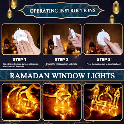 LOLStar Ramadan Decorations, 3 Pack Warm White Lantern, Moon, Mosque Eid Mubarak Window Lights Battery Operated Hanging LED Lights with Timer Function & Slow Fade Mode, Perfect Decor for Eid al Fitr - style: Lantern, Moon, and Mosque