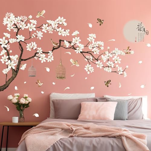 Chinese Style White Flowers Black Tree and Flying Birds Wall Stickers Removable DIY Wall Art Decor Decals Murals for Kids Nursery Offices Home Walls Bedroom Study Room Wall Decaoration, 50inchx74inch - color: Brown, White