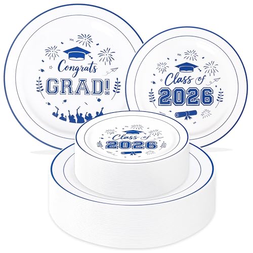 100 Pcs Graduation Plastic Plates,2026 Blue Graduation Disposable Plates for 50 Guests,50 Dinner Plates 10 inch & 50 Dessert Plates 7 inch for Party,Holiday - color: Blue