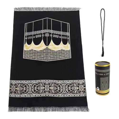 Muslim Prayer Rug Islam and Prayer Beads with Kaabe Design Cylinder Box Eid Ramadan Gifts Islamic Set Carnal Salah Mat Taffeta Fabric Black Soft Prayer Mats Sajadah Carpet Mat, Taffeta Fabric - color: Black
