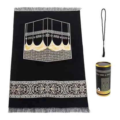 Muslim Prayer Rug Islam and Prayer Beads with Kaabe Design Cylinder Box Eid Ramadan Gifts Islamic Set Carnal Salah Mat Taffeta Fabric Black Soft Prayer Mats Sajadah Carpet Mat, Taffeta Fabric - color: Black