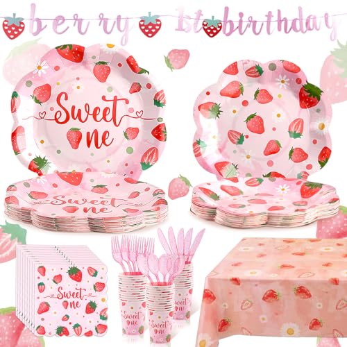 Strawberry First Birthday Decorations for Girl, Strawberry First Birthday Plates Serves 24, Strawberry Plates, Strawberry 1st Birthday Decorations, Berry Sweet One Birthday Party Decorations - color: Berry 1st