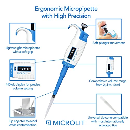 MICROLIT Single-Channel Pipettes with Adjustable Volume, Accurate and Calibrated Ergonomic Design Adjustable Micropipette for 20-200ul Liquid Capacity, Compatible with 200ul Pipette Tips - size: 20-200ul, style: Single-Channel