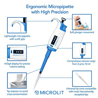MICROLIT Single-Channel Pipettes with Adjustable Volume, Accurate and Calibrated Ergonomic Design Adjustable Micropipette for 20-200ul Liquid Capacity, Compatible with 200ul Pipette Tips - size: 20-200ul, style: Single-Channel
