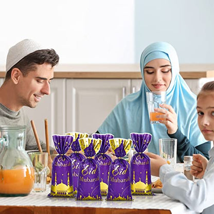 Whaline 150Pcs Eid Mubarak Cellophane Candy Bags Purple Eid Ramadan Castle Cello Plastic Bags with 200Pcs Silver Gold Twist Tie Muslim Theme Goody Treat Bags for Party Favor Supplies, 3 Designs