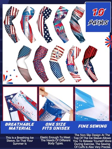 Tisancy 10 Pairs Sun Protection UV Arm Sleeves Cooling Anti Slip Compression Sleeves Sports Polyester Cycling Covers - size: Medium, style: American Flag