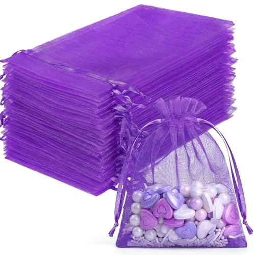 FUNFERY 100Pcs Purple Organza Bags 3x4 in,Small Mesh Drawstring Gift Bag - color: Purple-3"x4"