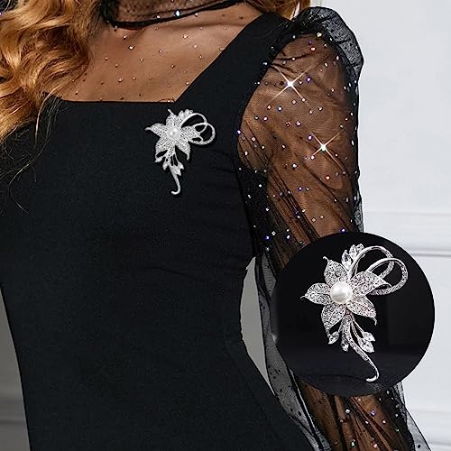 Crystal Pearl Flower Brooches Pins Fashion Beautiful Created Rhinestone Floral Brooch Good Idea for Party Dance Wedding Banquet for Elegant Women Girl - color: Silver Flower