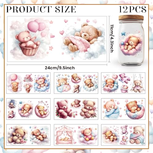12 Pcs Bear UV DTF Cup Wraps, 4.3 x 9.4 Inch Sleeping Bear UV DTF Transfer Stickers Waterproof Rub on Transfer Decals for 16OZ Glass Bottle Vase Furniture Crafts - style: Sleeping Bear