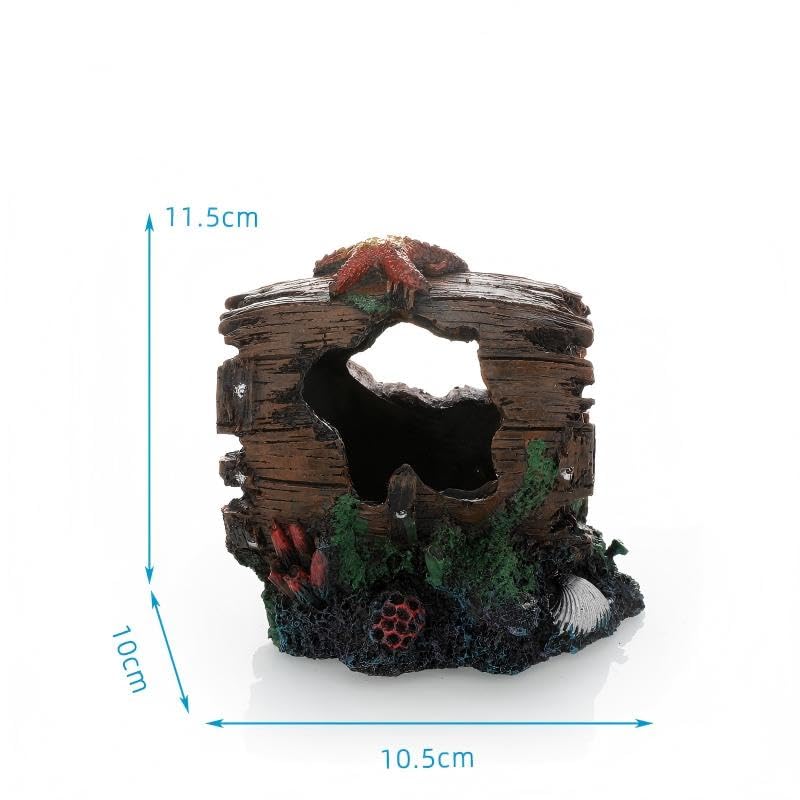 Aquarium Decoration Resin Sunken Wooden Barrel Hidden cave, Fish Tank Decoration with Starfish and Coral Decoration, Aquarium Accessories, 4.5 x 3.9 x 4.5 inches