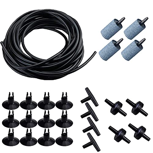 AQUANEAT 25 Feet Aquarium Airline Tubing, Standard 3/16" Tubing, Air Pump Accessories,with Air Stones, Check Valves, Suction Cups and Connectors (Black) - color: Black