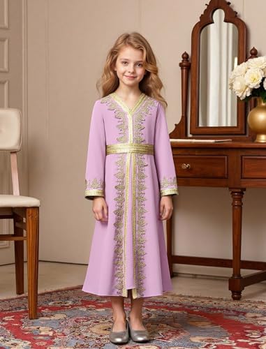 Muslim Dress for Kids Girls Abaya Middle East Ramadan Long Sleeve Lace Prayer Dress Arabic Kaftan with Belt - color: Purple Pink, size: 7-8 Years