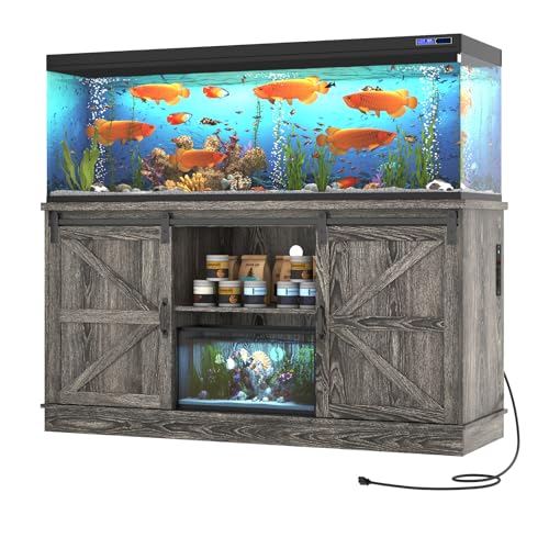 Hlivelood Farmhouse 75-120 Gallon Fish Tank Stand with Power Outlet, Aquarium Stand w/Cabinet&Sliding Barn Door, Heavy Duty Reptile Tank Stand for Fish/Turtle/Reptile Terrarium, 1000LB Capacity, Grey - color: Grey, size: 75-120 Gallon