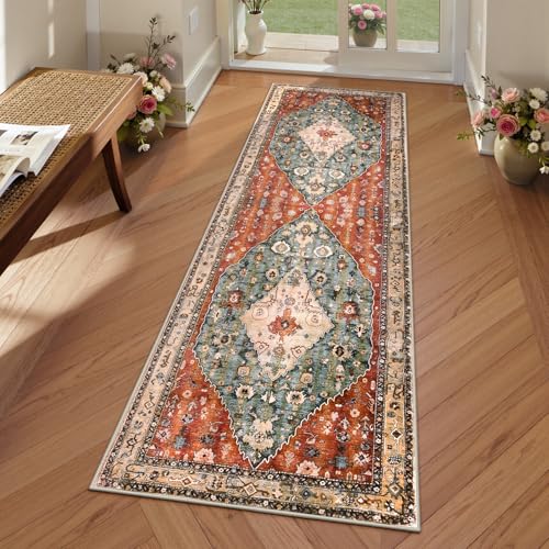 Lahome Boho Tribal 2x5 Kitchen Runner Rugs Non Skid Washable, Soft Runners for Hallways, Oriental Long Bathroom Floor Throw Carpet Runner for Entryway Laundry Room Bedroom (Rust/Dull Teal,2x5ft) - color: Geometric Tribal, size: 2' x 5' (Runner)