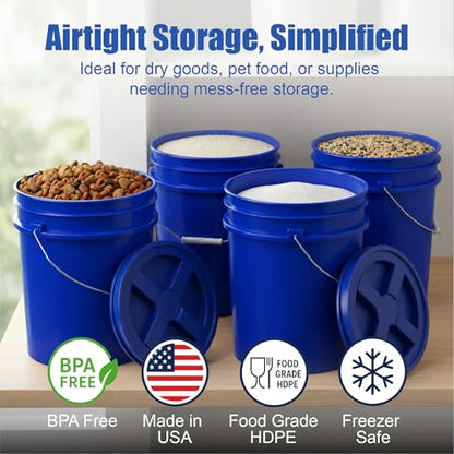 5 Gallon Bucket - Food Grade w/Lid BPA-Free, Blue/Blue, 3 | Airtight Gamma Seal Screw-On Lid, Heavy-Duty 90 Mil HDPE Plastic, Food Safe and Durable Container, Bulk Storage, Made in USA - color: Blue/Blue, size: 3 Packs