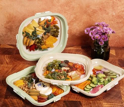 Crudités | Portable Snack Tray | Rectangle 2-Pack | Cream White | Reversible Stretch Lid Food Containers | BPA-Free, Freezer & Dishwasher Safe | Meal-Prep, Charcuterie, Salads, Picnic, Travel - size: Rectangular, 2 Pack, Cream White