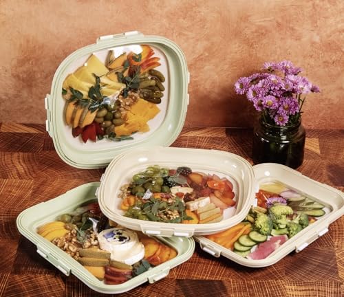 Crudités | Portable Snack Tray | Square 4-Pack | Cream White | Reversible Stretch Lid Food Containers | BPA-Free, Freezer & Dishwasher Safe | Meal-Prep, Charcuterie, Salads, Picnic, Travel - size: Square, 4 Pack, Cream White