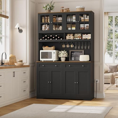 HOSTACK 75" Kitchen Pantry Storage Cabinet, Coffee Bar Hutch Cabinet, Black | Tall Pantry Cabinet with Charging Station / Wide Countertop / Glass Doors / Wine Rack / Cup Holder / Drawers, Dining Room - color: Black