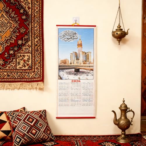 KYMY 2026 Arabic Wall Scroll Calendar, English French Arabic Muslim Multilingual Hanging Calendar, Islamic Mosque Imitation Rattan Wall Decor for New Year Home Office Door Decoration