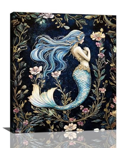 Mermaid Wall Art, Floral Pictures Wall Decor, Retro Mermaid Canvas Prints Painting, Framed Artwork for Bathroom Bedroom Living Room Girl's Room Office Home Decoration 20x24 - color: Mermaid, size: 20"L x 24"W