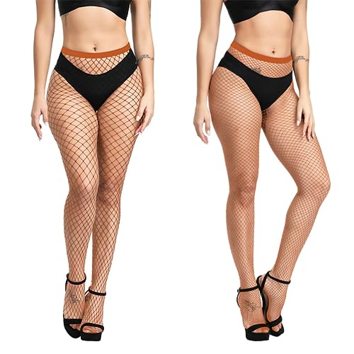 E-Laurels Womens High Waist Patterned Fishnet Tights Suspenders Pantyhose Thigh High Stockings Black - color: Caramel 2 Pcs M+l