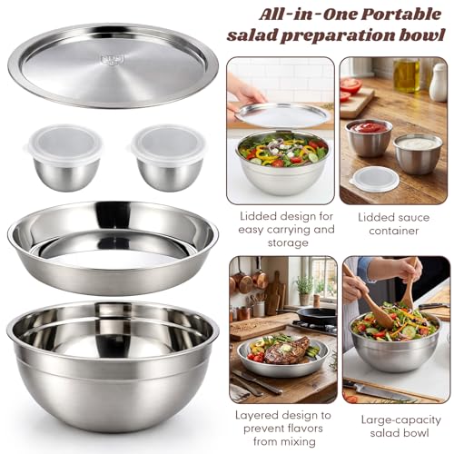 Didaey 10 Pcs 64oz Stainless Steel Salad Bowl Kit Includes Salad Containers with Lids Dressing Cups Removable Bento Tray Kitchen Serving Set for Meal Preparation Dishwasher Safe