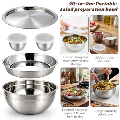 Didaey 10 Pcs 64oz Stainless Steel Salad Bowl Kit Includes Salad Containers with Lids Dressing Cups Removable Bento Tray Kitchen Serving Set for Meal Preparation Dishwasher Safe