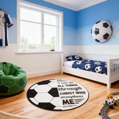 35.4Inch Soccer Bath Rug,Washable Soccer Sports Kids Room Rug Doormat,Non-Slip Play Mat Bathroom Rug, Christian Door Mat Floor Carpet, Suitable for Living Room Entryway Bathroom Kitchen Bedroom
