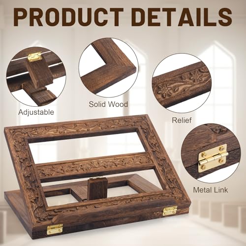 Adjustable Wooden Bible Stand Carved Missal Stand Holder Folding Display 10 x 13 Inch Book Holder for Bibles Books Reading Religious Prayer