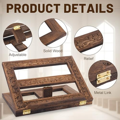 Adjustable Wooden Bible Stand Carved Missal Stand Holder Folding Display 10 x 13 Inch Book Holder for Bibles Books Reading Religious Prayer