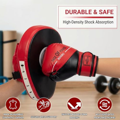 3-in-1 Boxing Gloves and Punching Mitts Set for Kids, Boxing Mitts Focus Pads with Hand Wraps for Kid, Youth Leather Punching Equipment Gloves Set for MMA, Karate, Muay Thai, Taekwondo - color: Red