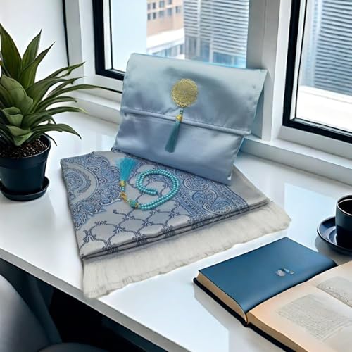 Muslim Prayer Mat Portable Prayer Rug with Tasbih Gift Bag Used for Daily Pray Travel Home Islamic Worship (Light Blue)