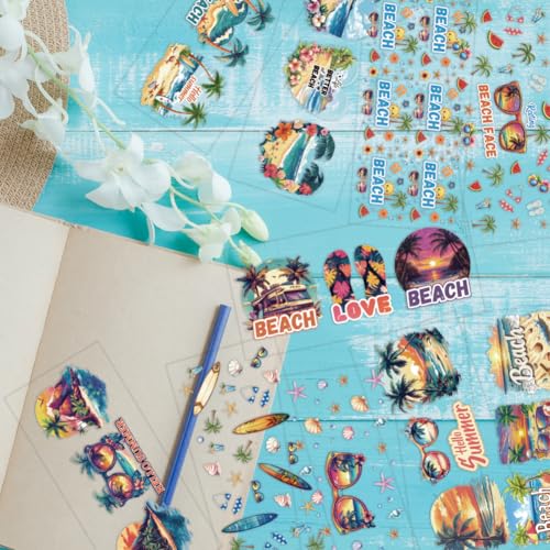 arricraft 10 Pcs Colorful Sand Beach Theme Cup Printing UV Transfer Papers, 10 Styles Shells Conch Tree Surfboard Starfish UV DTF Cup Wrap Stickers for 16 OZ Glass Cups Crafts 9.5x4.3inch - style: Colorful Sand Beach Theme