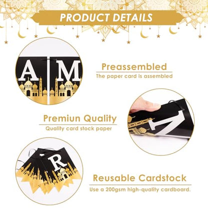 AhfuLife Eid Mubarak Banner Set Decorations, 4 Pcs Preassembled Eid Mubarak Banners with 16 Pcs Balloons, Reusable Black and Golden Ramadan Decoration, Star Moon Garland Decor for Muslim Party