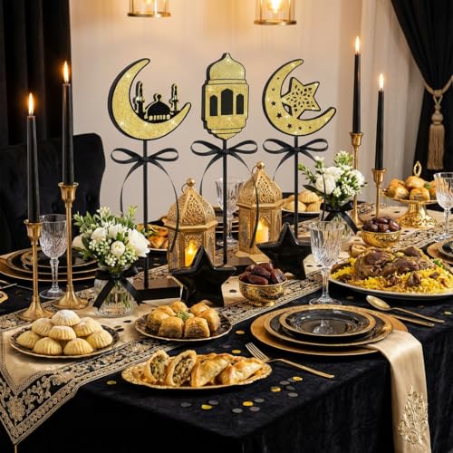 3 Pcs Ramadan Decorations Eid Mubarak Table Decor Wooden Set, Glitter Islamic Ramadan Tiered Tray Table Decorations,Ramadan Table Decor for Muslim Party Home Decor