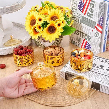 4 Pcs Eid Mubarak Plates with Lids Metal Gold Moon Castle Star Arabesque Ramadan Serving Tray, Food Container for Cookie Candy Pastry Dessert, Ramadan Decorations Table Display Set